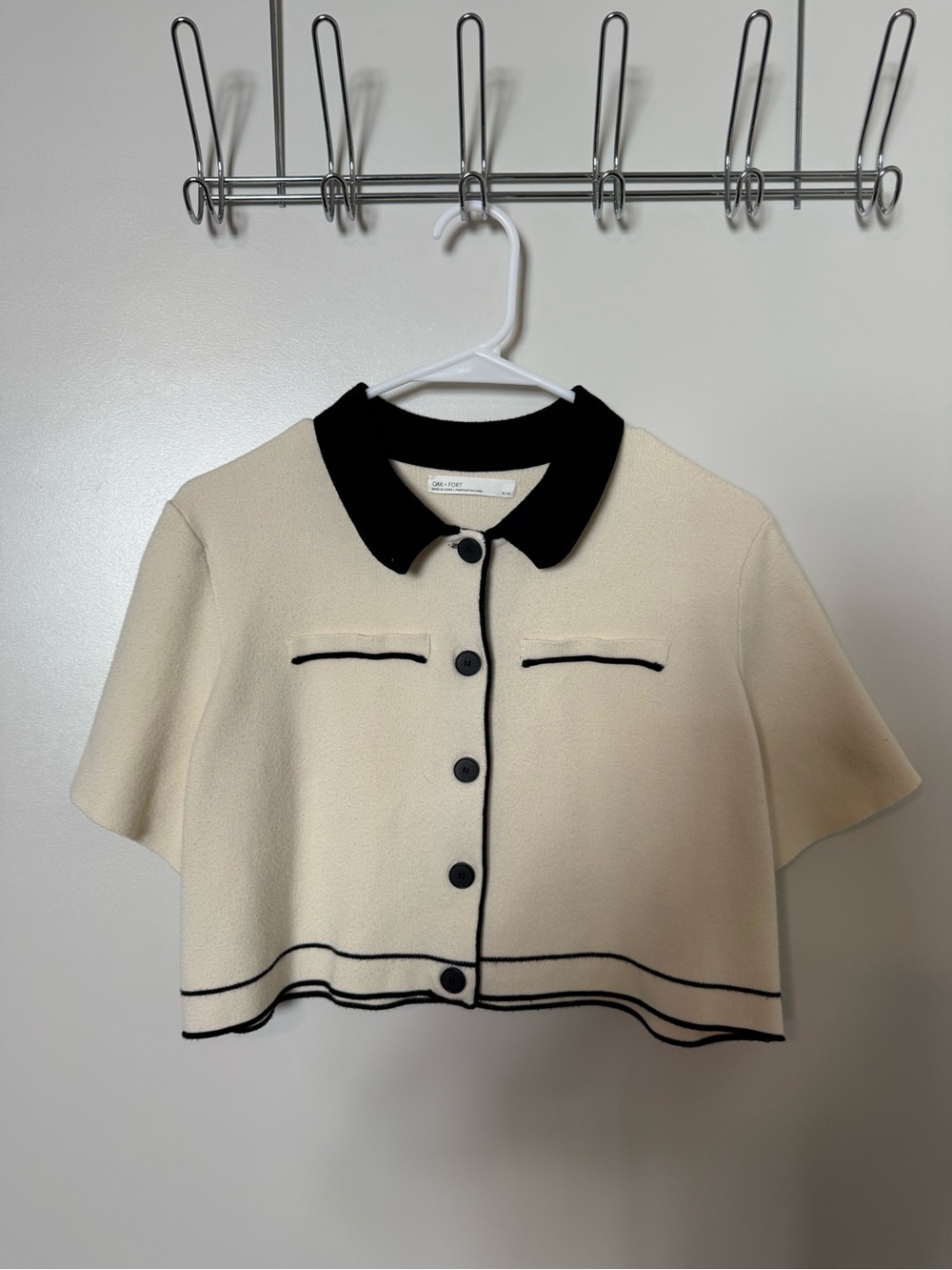 Oak + Fort Cream Knit Cardigan with Black Trim, Crop Top